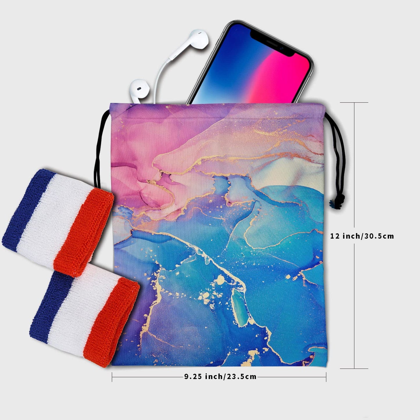 Pink Marble Gymnastics Grip Pouch - Gymnastic Bags for Gymnasts, Glitter Texture, Blue, Purple, Gold, Abstract Ink Paint, Water Resistant, Adjustable 9.25" x 12"