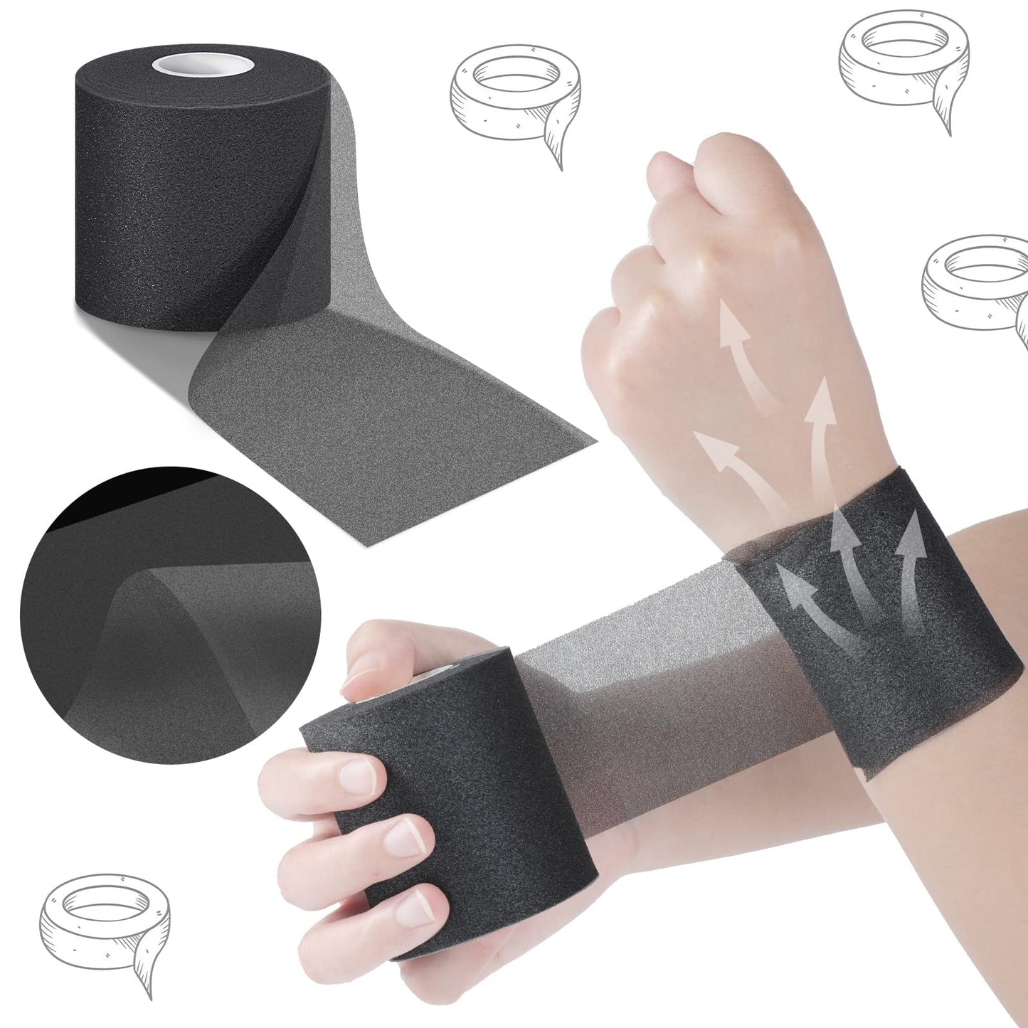 Nuanchu 12 Pcs Pre Wrap Athletic Tape, 2.75inch x 30 Yards Foam Sport Underwrap Tapes Prewrap Tape for Hair Wrists Hands Ankles Knees Women Man Hiking Running(Black)