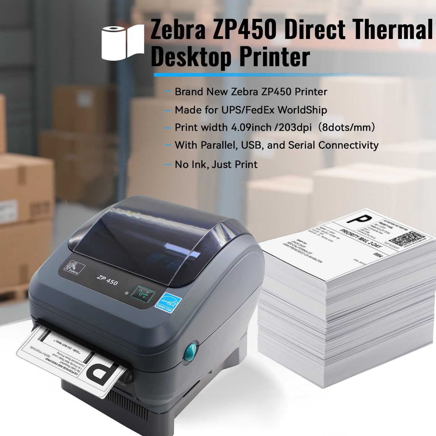 New Zebra ZP450 Direct Thermal Label ZP 450 Barcode Printer | USB, Serial, and Parallel Connectivity 203 DPI Resolution - 1 Year Warranty
