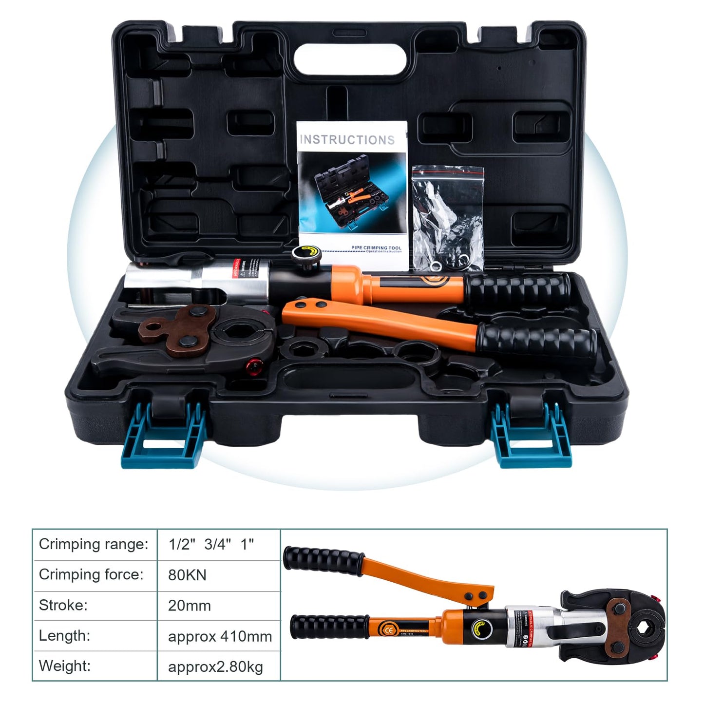 Copper Pipe Crimping Tool, W/ 1/2", 3/4", 1" Jaws, Copper Tube Fittings Hydraulic Pipe Crimping Tool, for Confined Spaces and Tee Fittings, Hydraulically Driven
