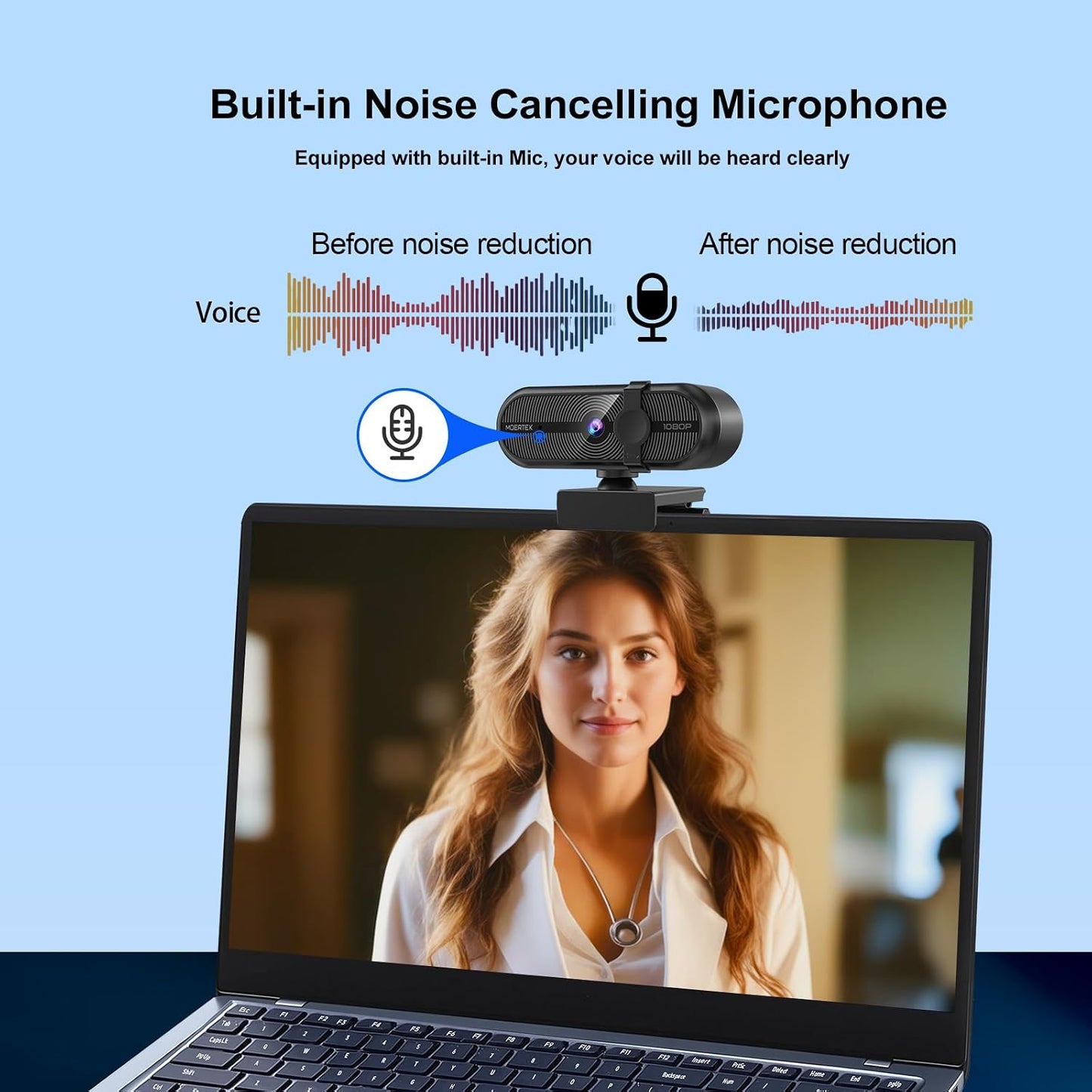 MOERTEK 1080P 90 Webcam for PC, Webcam with Mic, Auto Light Correction, Wide Angle, Built-in Privacy Cover, Supports