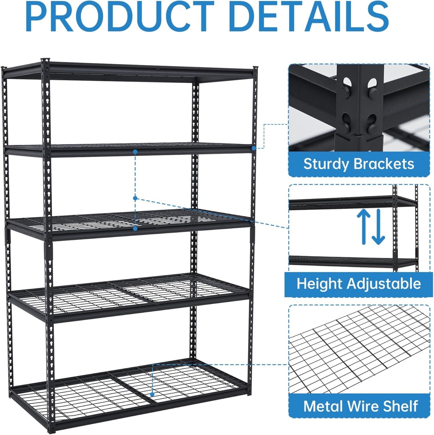 ExploreHorizon 2500 Lbs Capacity Heavy Duty Garage Shelving, 48x24x72 Inch 5-Tier Metal Wire Shelves, Adjustable Industrial Storage Rack for Garage, Basement, Warehouse Organization