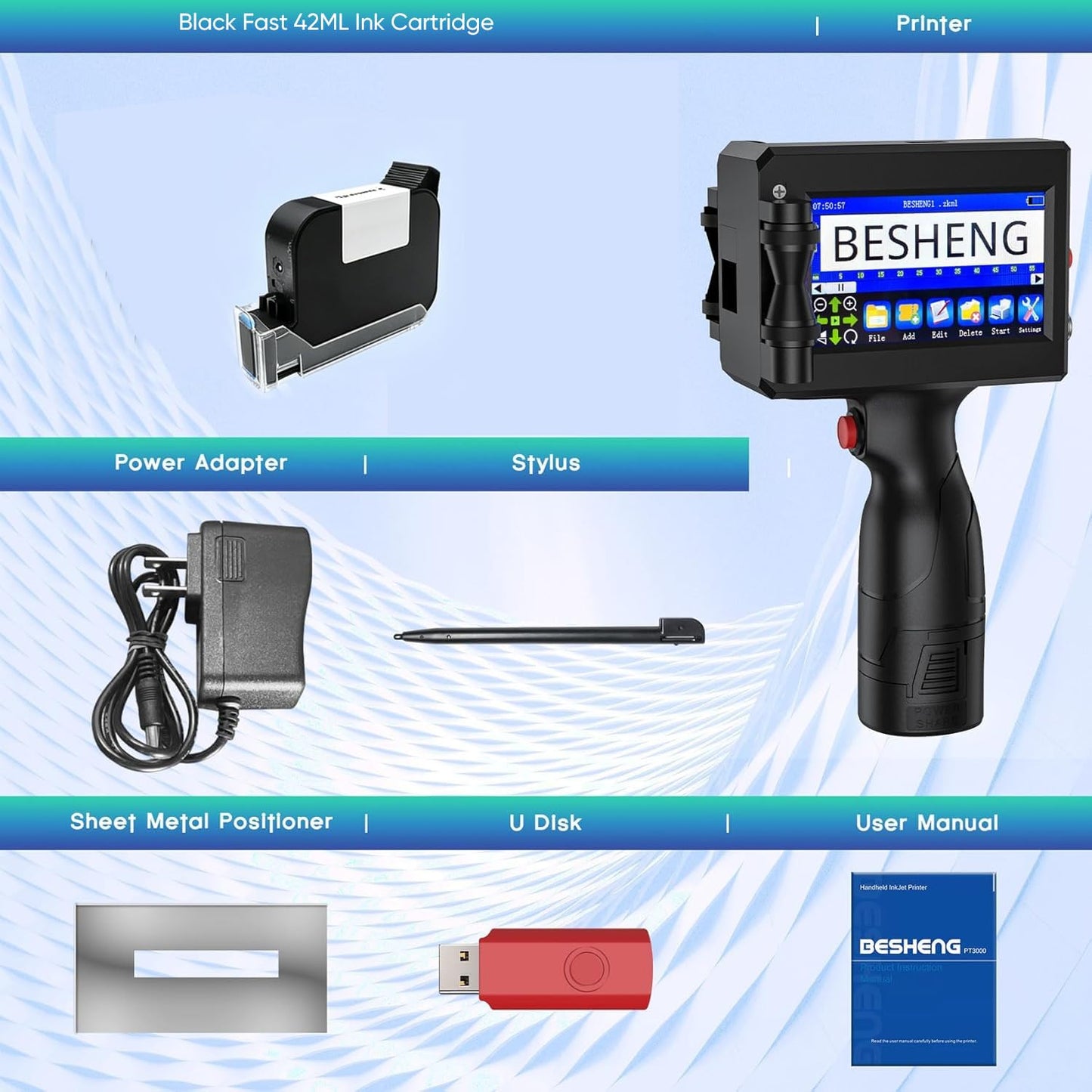 BESHENG Handheld Inkjet Printer Gun PT3000 Printing Height 0.08-0.5Inch Inkjet Coder with Original Fast-Drying Ink for Text QRCode/Barcode/Batch Number/Label/Image/Date Printer with Touch Screen