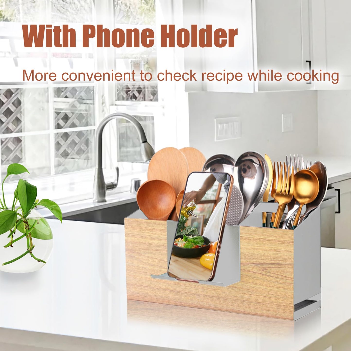 UPODA Utensil Holder Large Iron Flatware Container with 3 Compartments Countertop Wall-mounted Kitchen Utensil Storage (White)
