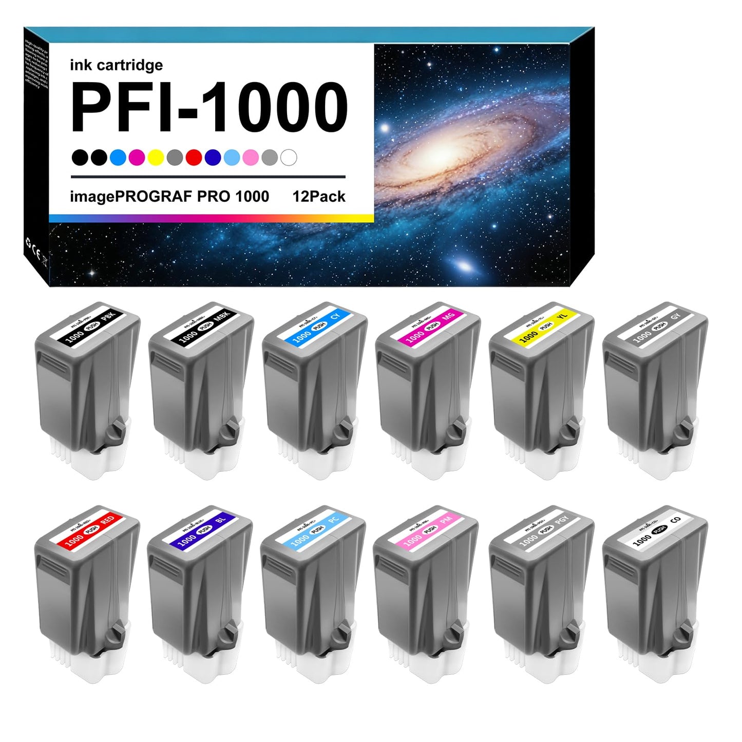 Dikarsum PFI-1000 Compatible Ink Cartridge with Pigment Ink Replacement for Canon PFI-1000 use in imagePROGRAF PRO-1000 (12PCS MBK PBK CY MG YL GY PC PM PGY Red Blue CO 80ML)
