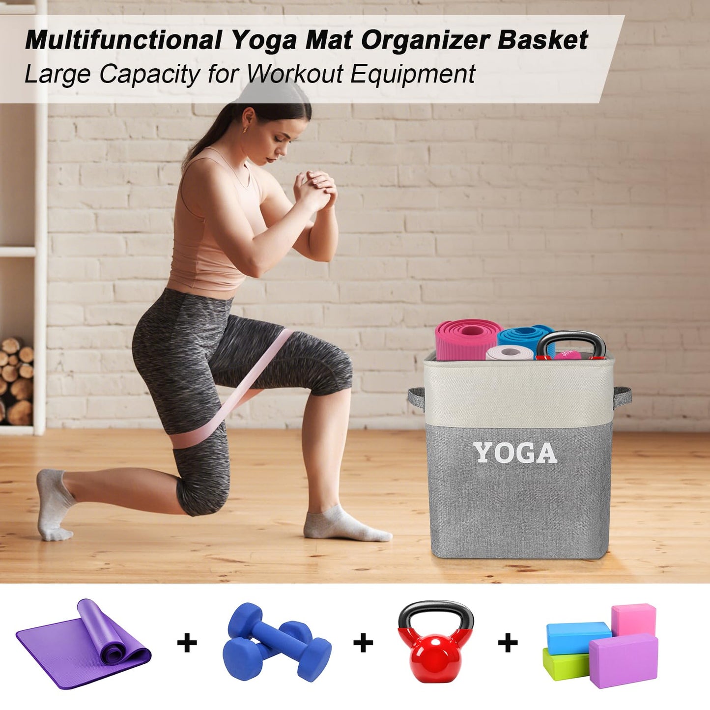Lukeline Yoga Mat Holder Storage Basket, Home Gym Storage Organizer Yoga Exercise Equipment Storage, Yoga Basket Foam Roller Workout Equipment Storage for Home Exercise and Fitness Gear