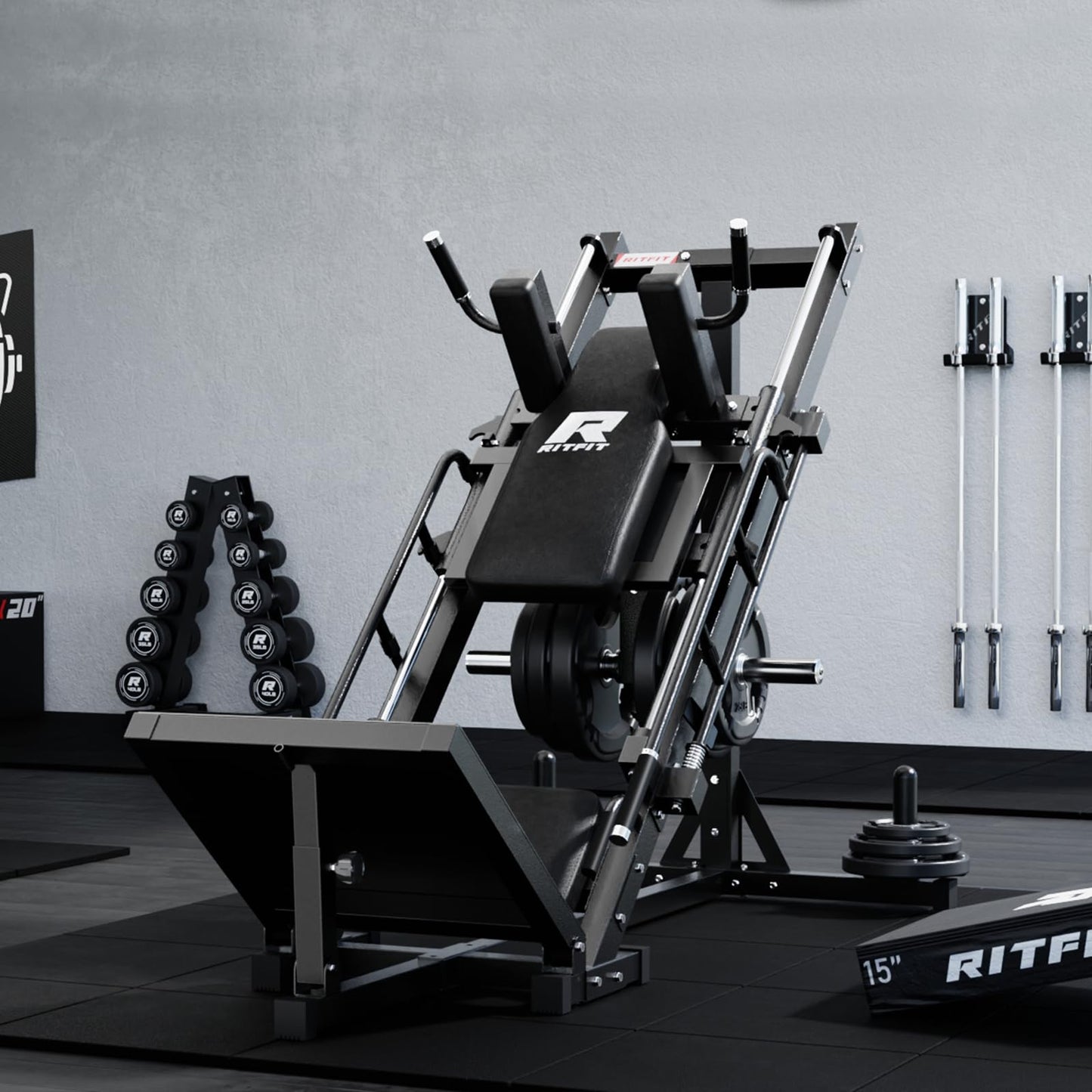 RitFit Leg Press Hack Squat Machine, Professional Adjustable Leg Press Machine for Home Gym with Linear Bearing, Full Lower Body Workout with Weight Storage (Black,with 35lb Rubber Weight Plates)