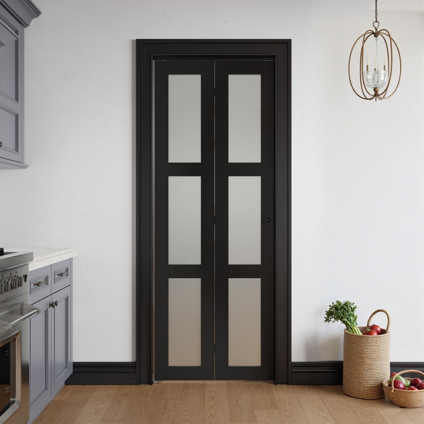 COSHOMER Bifold Doors for 30" x 80" Opening, 3-lite Tempered Frosted Glass Closet Folding Doors with Hardware kit Included, Easy Assembly, Black