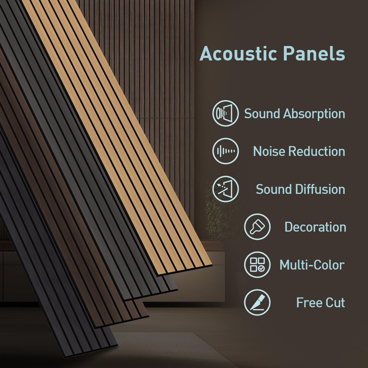 UMIACOUSTICS 4 PCS Acoustic Panels, 94.4" x 11.8" Decorative 3D Sound Proof Panels for Home Office Cinema -Dark Oak