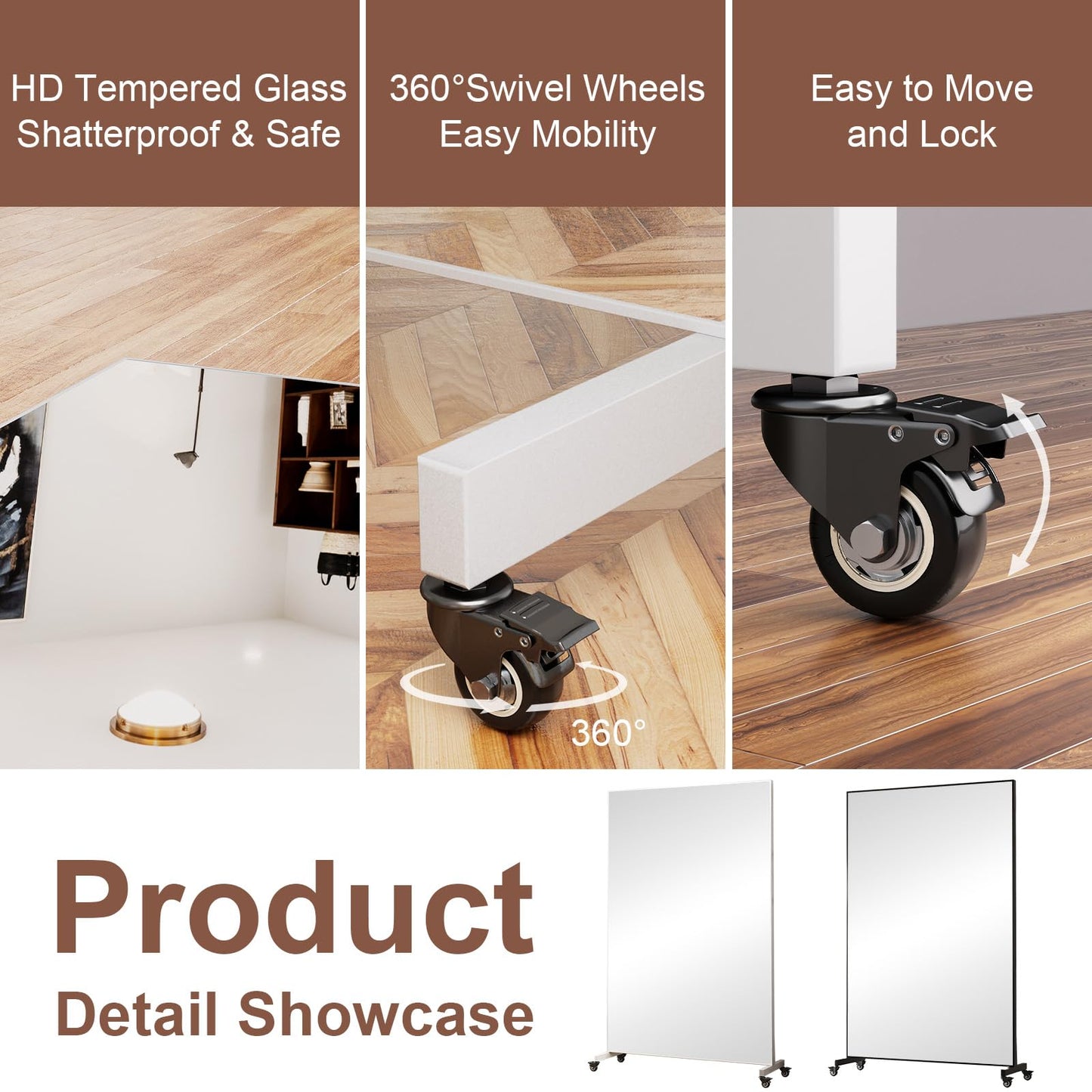 Novlux Home Gym Rolling Mirror 72"x40" – Extra Large Full Length Mirror with Wheels, Mobile Tempered Glass Floor Mirror, 360° Swivel, for Workout, Garage, Dance Studio, Yoga, Bedroom, White