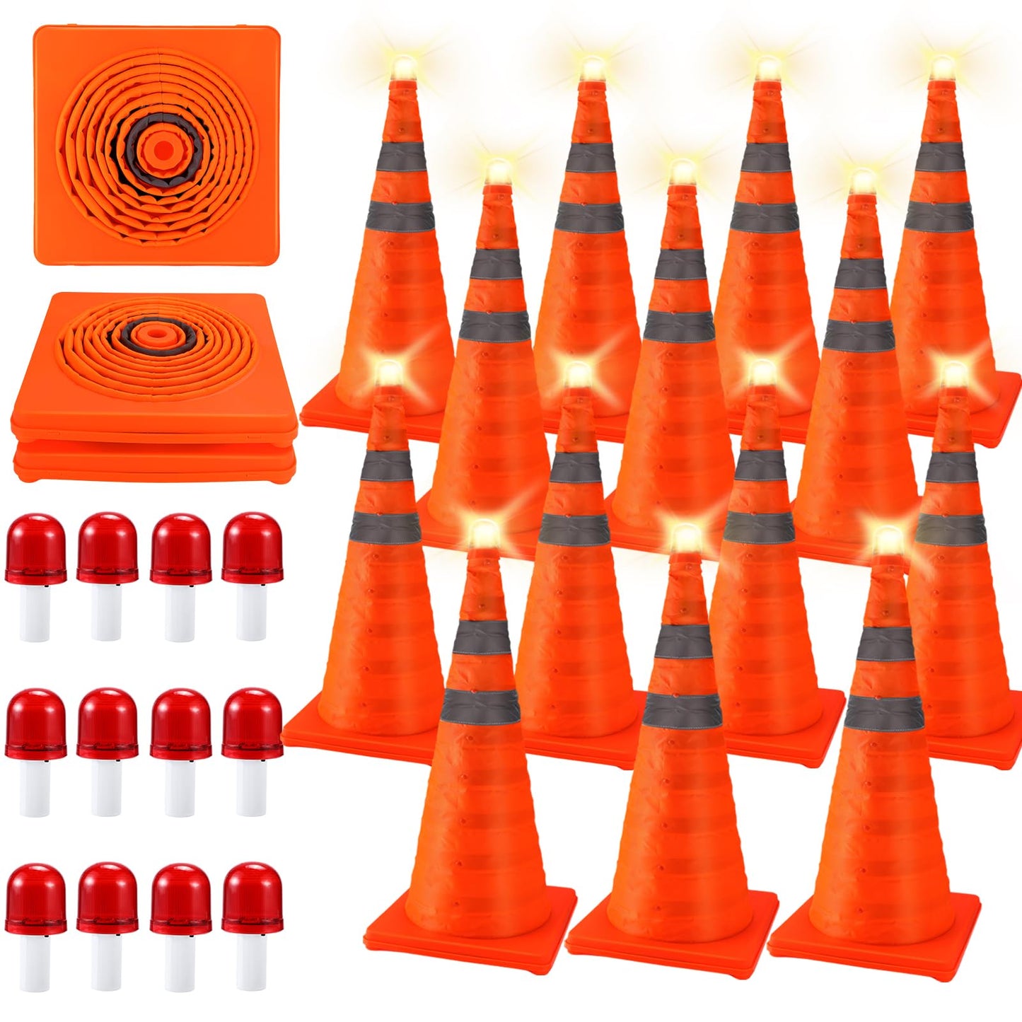 Paterr 12 Pack Collapsible Traffic Cones with LED Light, Multi Purpose Pop up Extendable Road Parking Cones, Safety Cones with Reflective Collar(28 Inch)