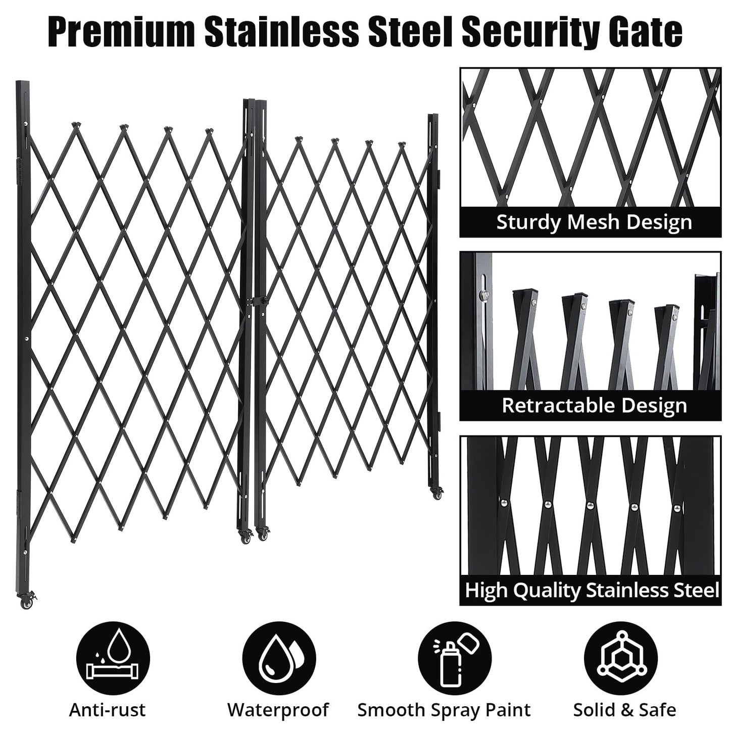 Double Folding Security Gate, 85" H x 150" W Folding Security Door Outdoor, Steel Accordion Security Gate, Flexible Expanding Security Gate, 360° Rolling Barricade Gate with Padlock