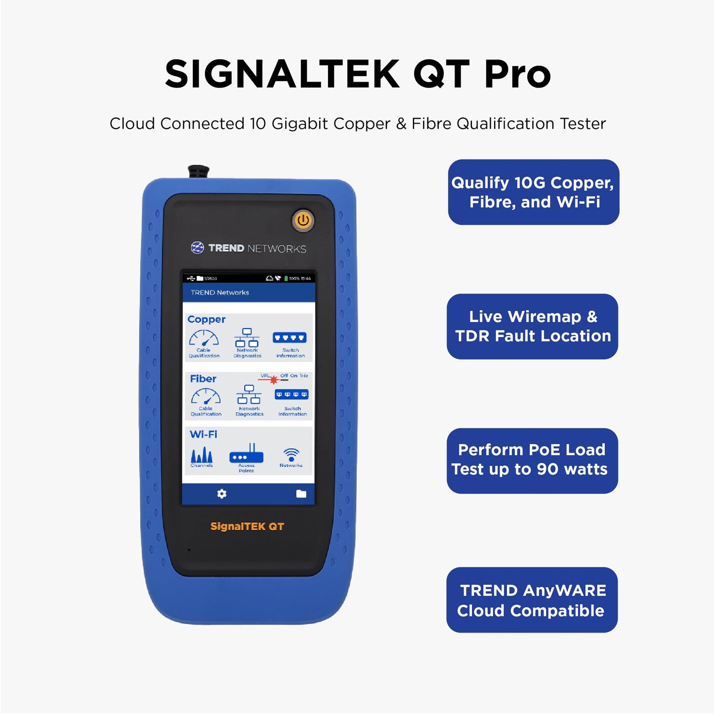 TREND Networks | SignalTEK QT Pro | All-in-One 10G Copper, Fiber & Wi-Fi Qualification Tester | Advanced Wi-Fi Diagnostics | PoE Load Testing & Network Diagnostics | R166001