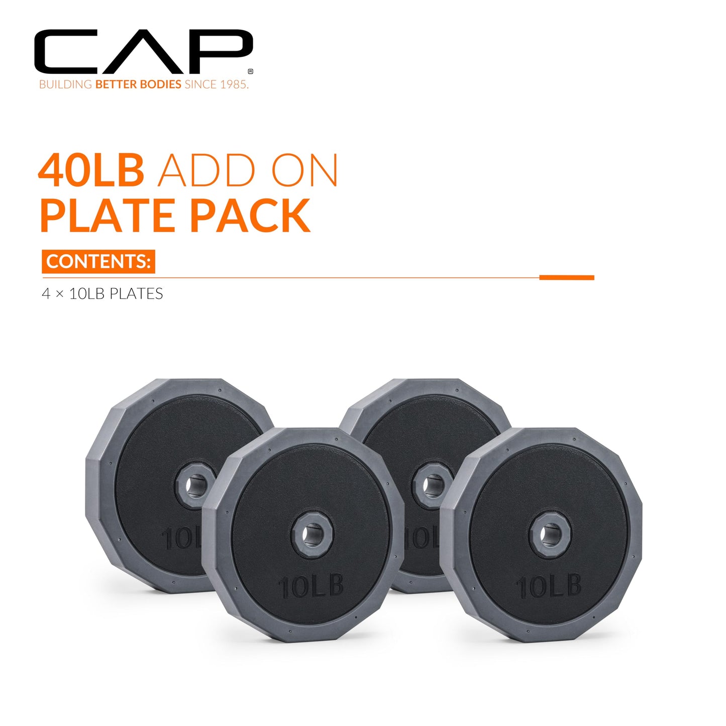 CAP Barbell 40 LB Add-On Plate Pack | Four 10 LB Standard Plates, TPR-Coated Iron Sand Filled Weight Plates | Fits 1-Inch Bars & Adjustable Dumbbell/Barbell Sets