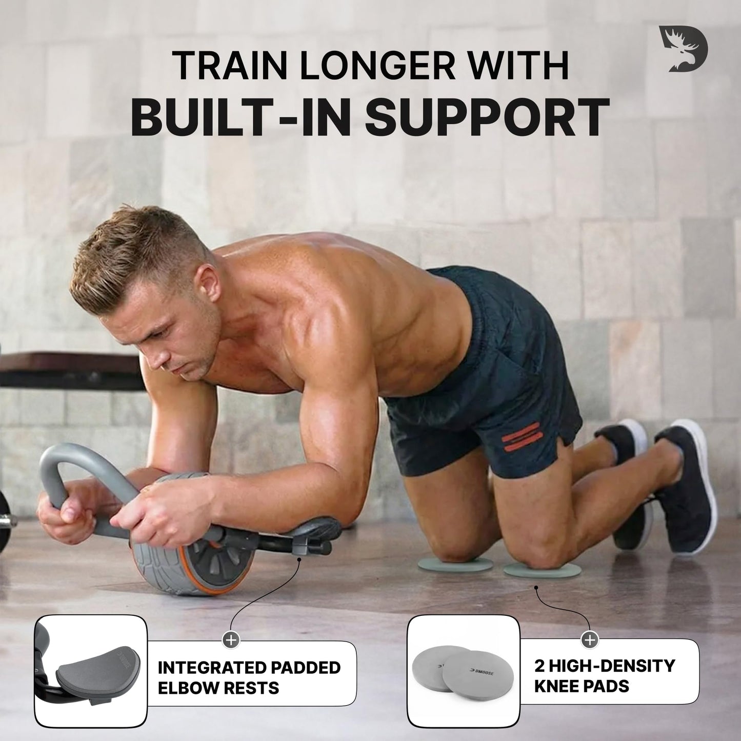 DMoose Fitness Ab Roller Wheel with Elbow Support & 2 Knee Pads - Abdominal Exercise Trainer for Core Strength Training - Ultimate Abs Workout Equipment for Home and Gym - Ab Machine for Men & Women (Grey)
