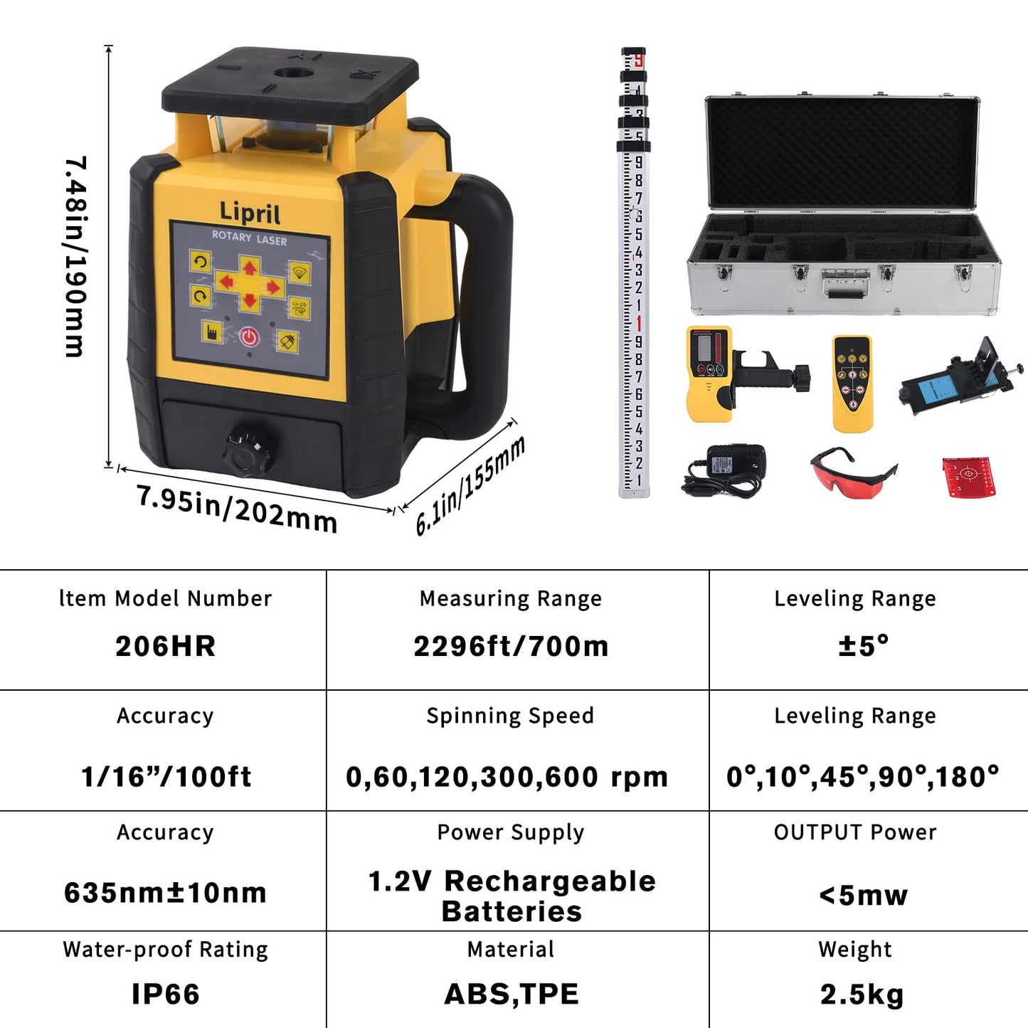Rotary Laser Level Kit, ±1/16" @100' Accuracy, 2296FT Work Range, IP66 Self-Leveling Construction Laser Transit with Tripod & Grade Rod, Swappable Battery System for Construction Job, Red Bean