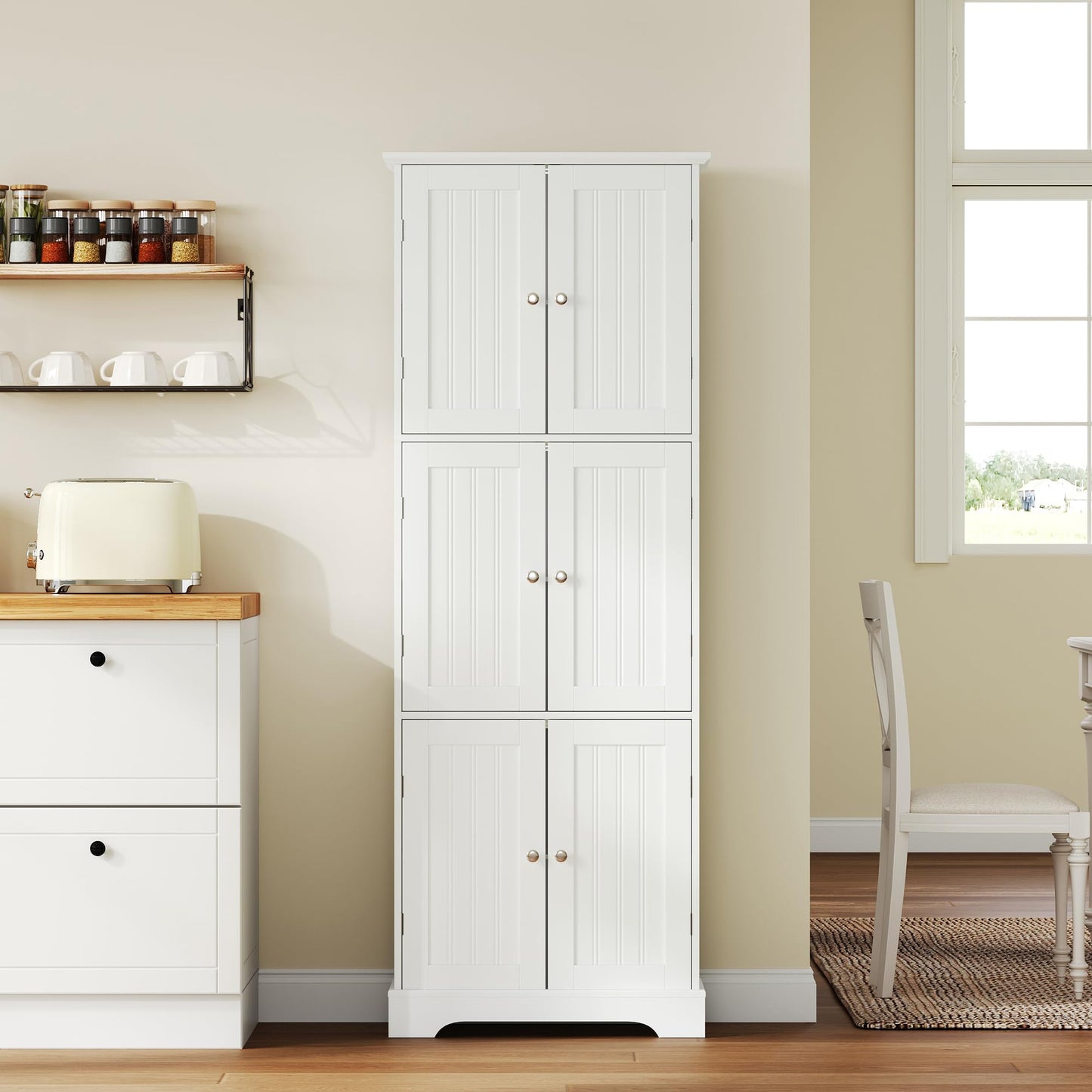 ChooChoo Tall Bathroom Storage Cabinet with 6 Doors, Freestanding Floor Cabinet with Adjustable Shelves, White Pantry Cabinet for Bathroom, Kitchen, Laundry Room