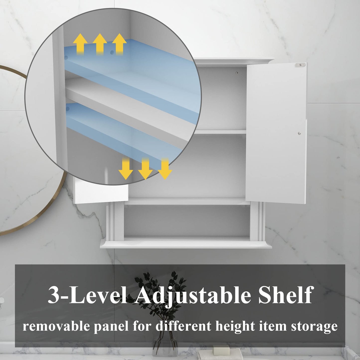 White Bathroom Wall Cabinet, Over the Toilet Storage Cabinet, Bathroom Cabinet Wall Mount, 2 Doors & Hooks, Medicine Cabinet Organizer, Hanging Wall Cabinet Cupboard for Kitchen Laundry Room White