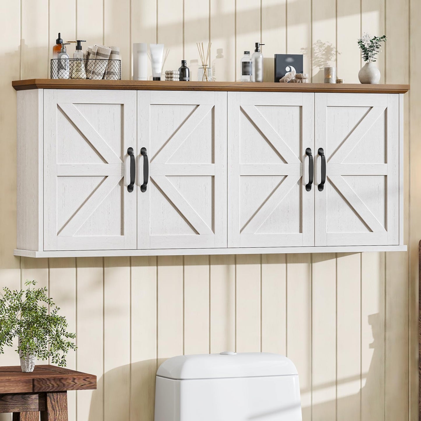 Halitaa 47" Laundry Room Cabinets and Storage with 4 Doors and Utility Adjustable Shelf, Large Wall Mounted Storage Cabinet, Upper Kitchen Cabinet for Laundry, Bathroom, and Kitchen, White and Brown