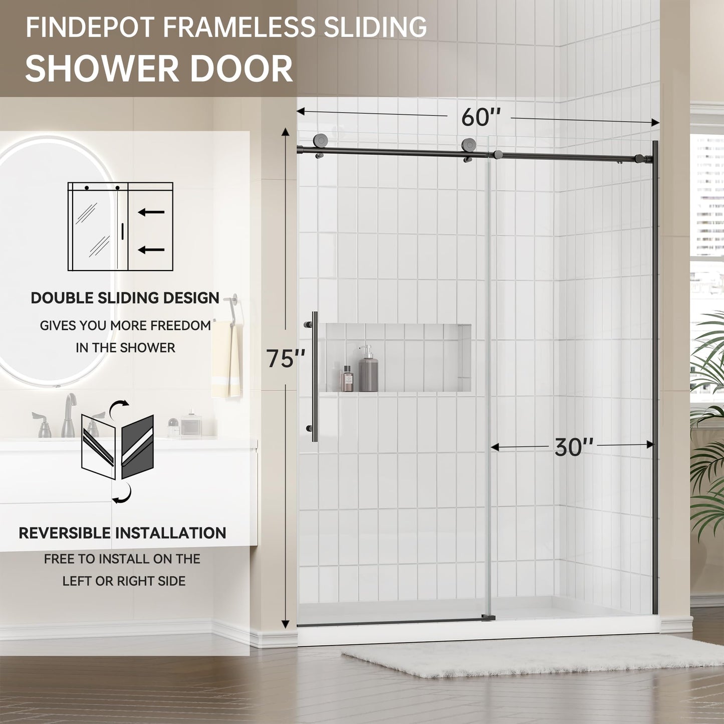 Frameless Sliding Shower Door 56-60 in W x 74 in H, Stainless Steel Frameless Shower Door with 5/16" (8mm) Clear Tempered Glass,Explosion-Proof Film, Silent Soft-Close Design,Matte Black