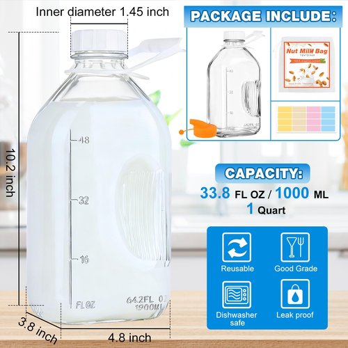 2 Quart (64 Oz) Glass Milk Bottle with Handle, Water Jug with Scale/Nut Milk Bag/Pour Spout/Airtight Lid, Reusable Carafe Container Pitcher for Milk, Tea, Juice, Coffee Beverage-1/2 Gal 1 Pack