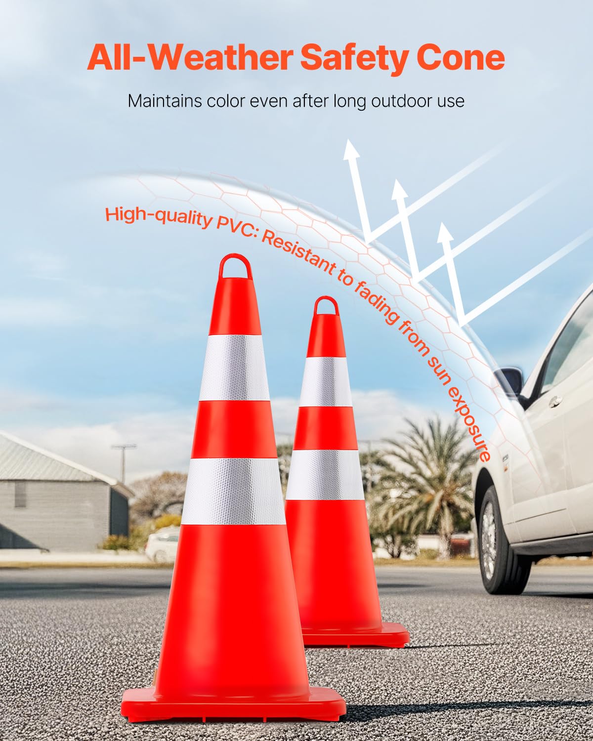 VEVOR Safety Cones, 12 x 28" Traffic Cones, PVC Orange Construction Cones, 2 Reflective Collars Traffic Cones with Weighted Base and Hand-Held Ring Used for Traffic Control, Driveway Road Parking