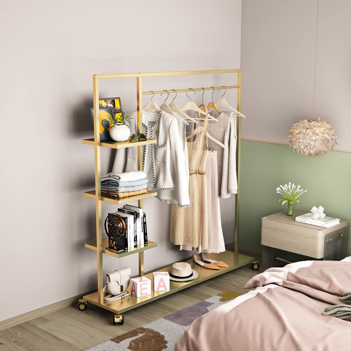 Smlttel Gold Clothing Racks with Shelf, Boutiques Retail Display Gold Clothes Rack, Multiple Uses Heavy Duty Garment Rack for Hanging Rods for Home and Retail