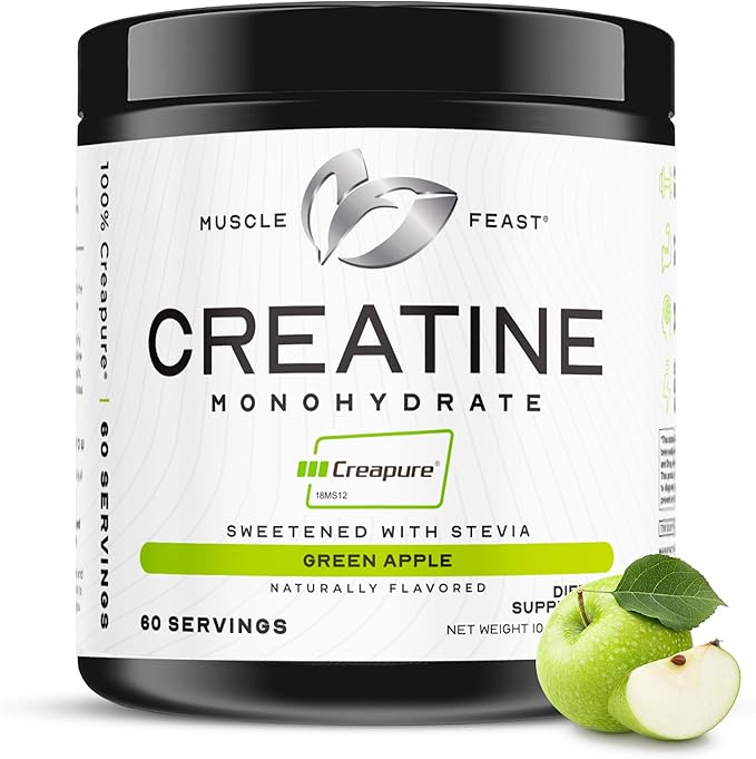 Muscle Feast Creapure Creatine Monohydrate Powder, Vegan Keto Friendly Gluten-Free Easy to Mix, Muscle Recovery Supplement, Creatine for Muscle Growth, Flavored Creatine, Natural Green Apple, 300g