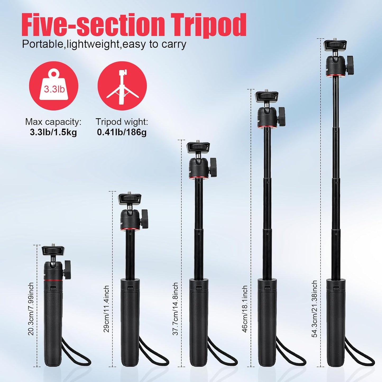 YOPUTBO Tripod,8-23.6inch 360 13/12/11/10/9/8/7/Max 3 5 Extendable Mini Height Adjustable Rotation Ball Head Handheld