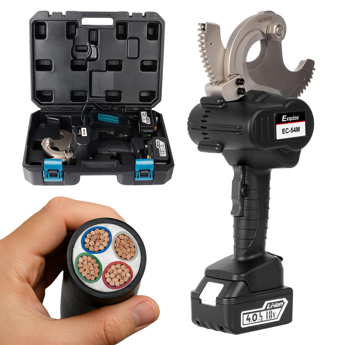 Exqutoo Cable Cutting Tool Kit, 18VDC 54mm Cordless ACSR Cable Cutter, Ratcheting Cable Cutter, 2 4Ah Lithium-Ion Batteries & Battery Charger Included
