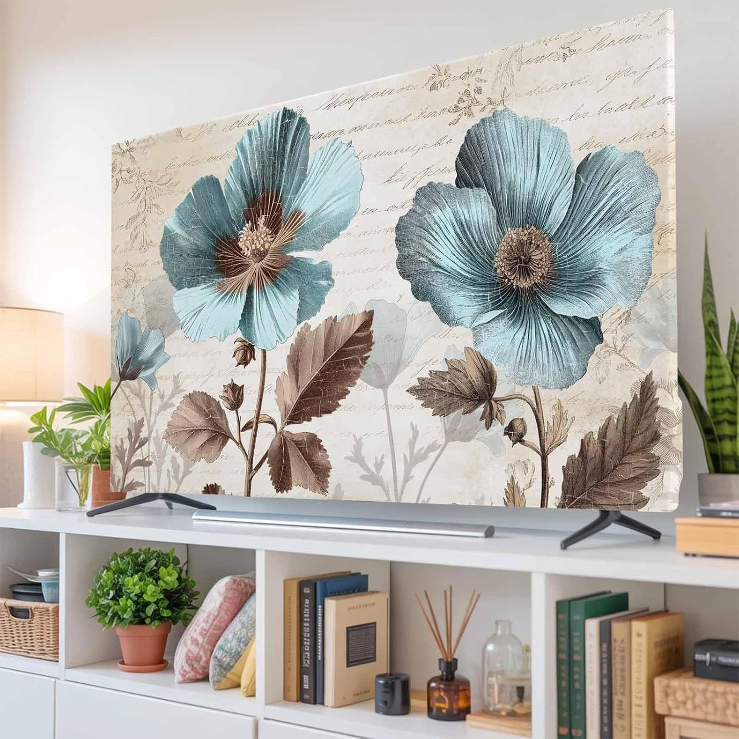 Yukro 40 Inch, 35"x22" Rustic Blue Indoor TV Dust Cover, Broccoli Flower Leaf Farmhouse Vintage Brown Elastic TV