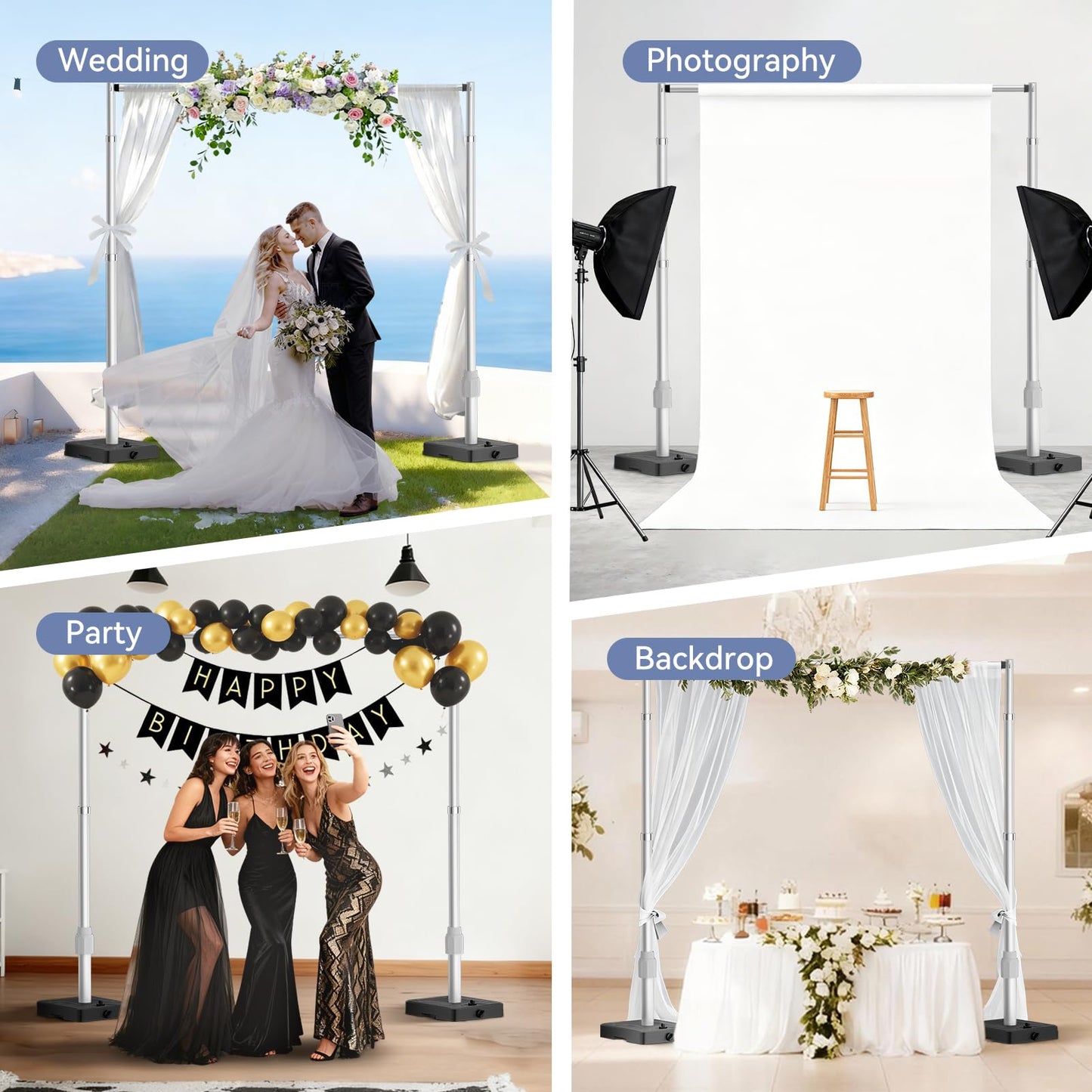 EMART 10x10ft Backdrop Stand Heavy Duty Kit with Water Tank Base, Pipe and Drape Adjustable Photo Backdrop Stand for Wedding, Party, Baby Shower, Christmas, Birthday Decorations-Silver