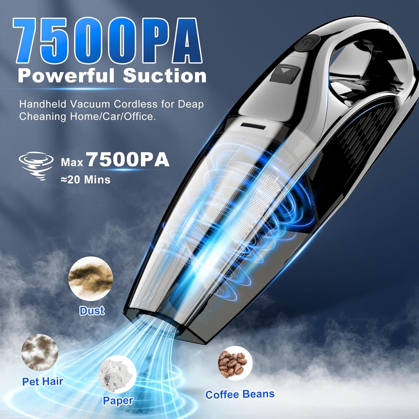 Upbooz Handheld Vacuum - Cordless Portable Mini Vacuum with 7500Pa Suction | 670ML Capacity for Car, Office, Home & Pet Hair