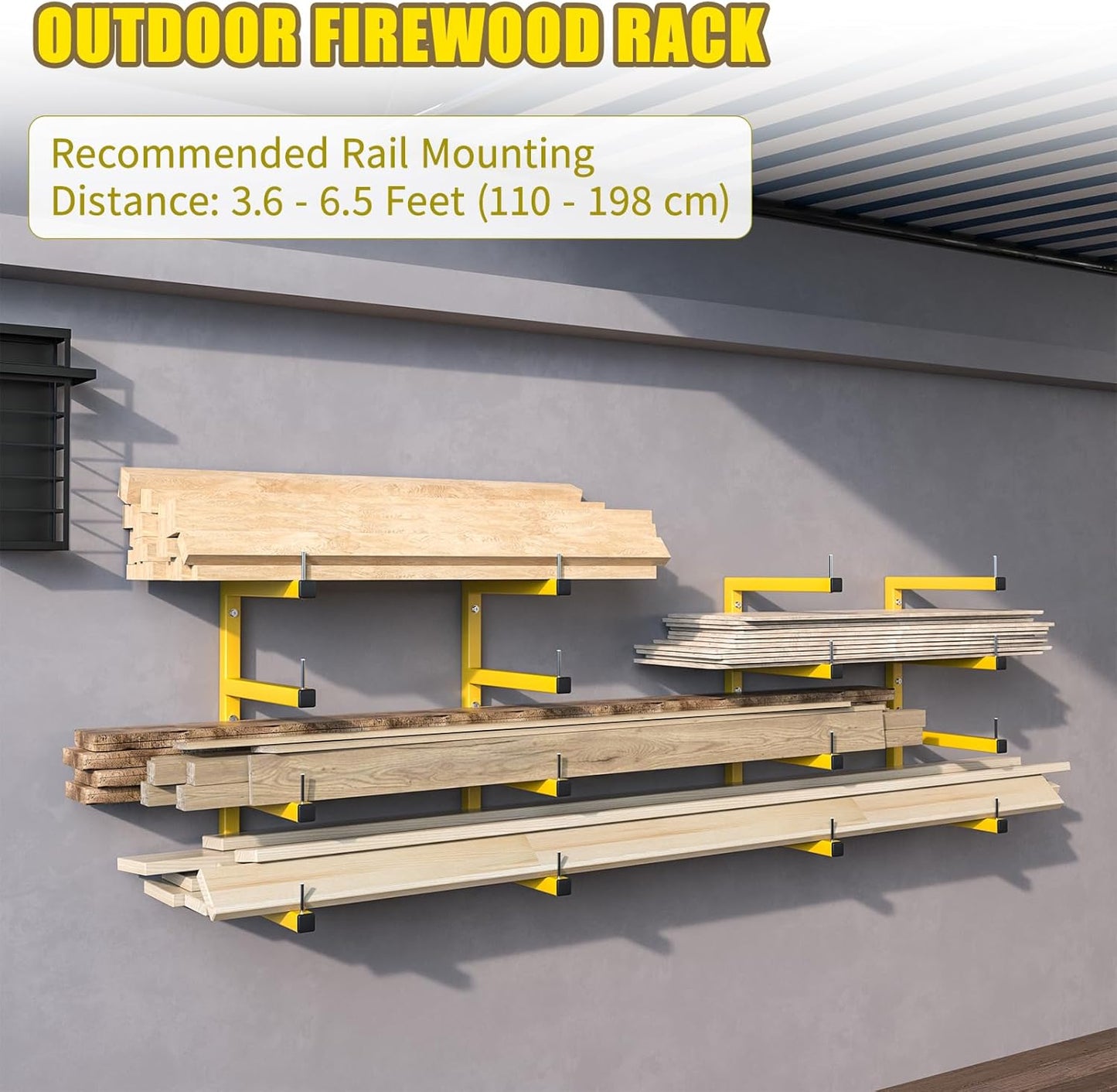 Skiennix Lumber Storage Rack - Heavy Duty Wall-Mounted Organizer | 8-Level System, Holds Up to 1600 Lbs, Yellow