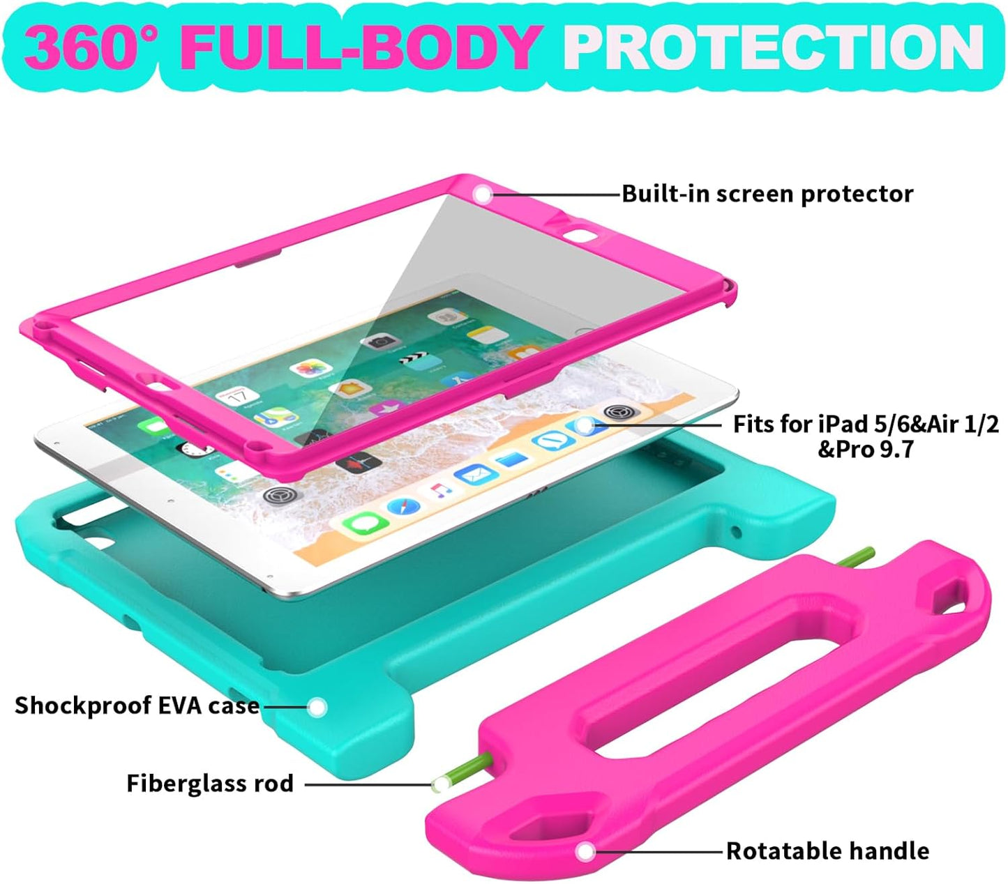 YH YIHE 9.7 Inch 9.7 6th/5th 2018/2017, 2/1& 9.7, YIHE Kids Case for iPad with Screen Protector, Shockproof Handle