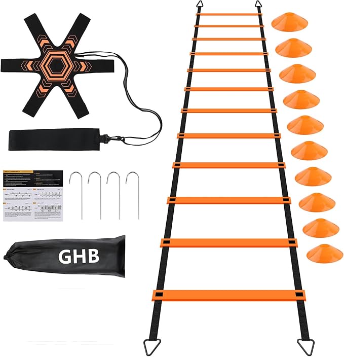 GHB Pro Agility Ladder Soccer Kick Trainer Set 20ft 12 Rung 10 Cones and 4 Stakes Speed Agility Football Training Equipment with Carrying Bag