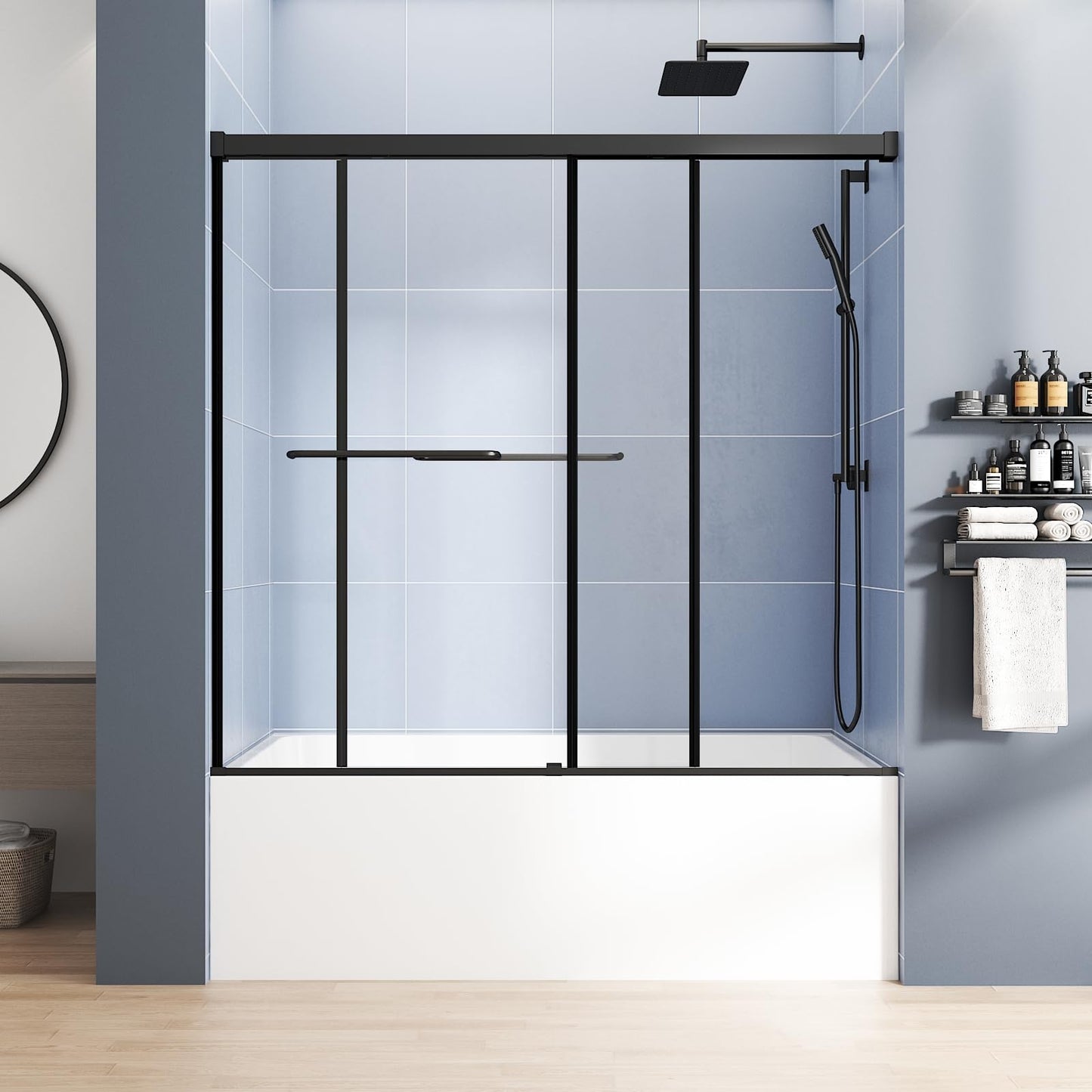 Foskbaths Bathtub Sliding Door 55"-60" W x 56" H Tub Shower Door, Bathtub Glass Door Double Sliding Tempered Glass with Explosion-Proof Film Stainless Steel Matte Black