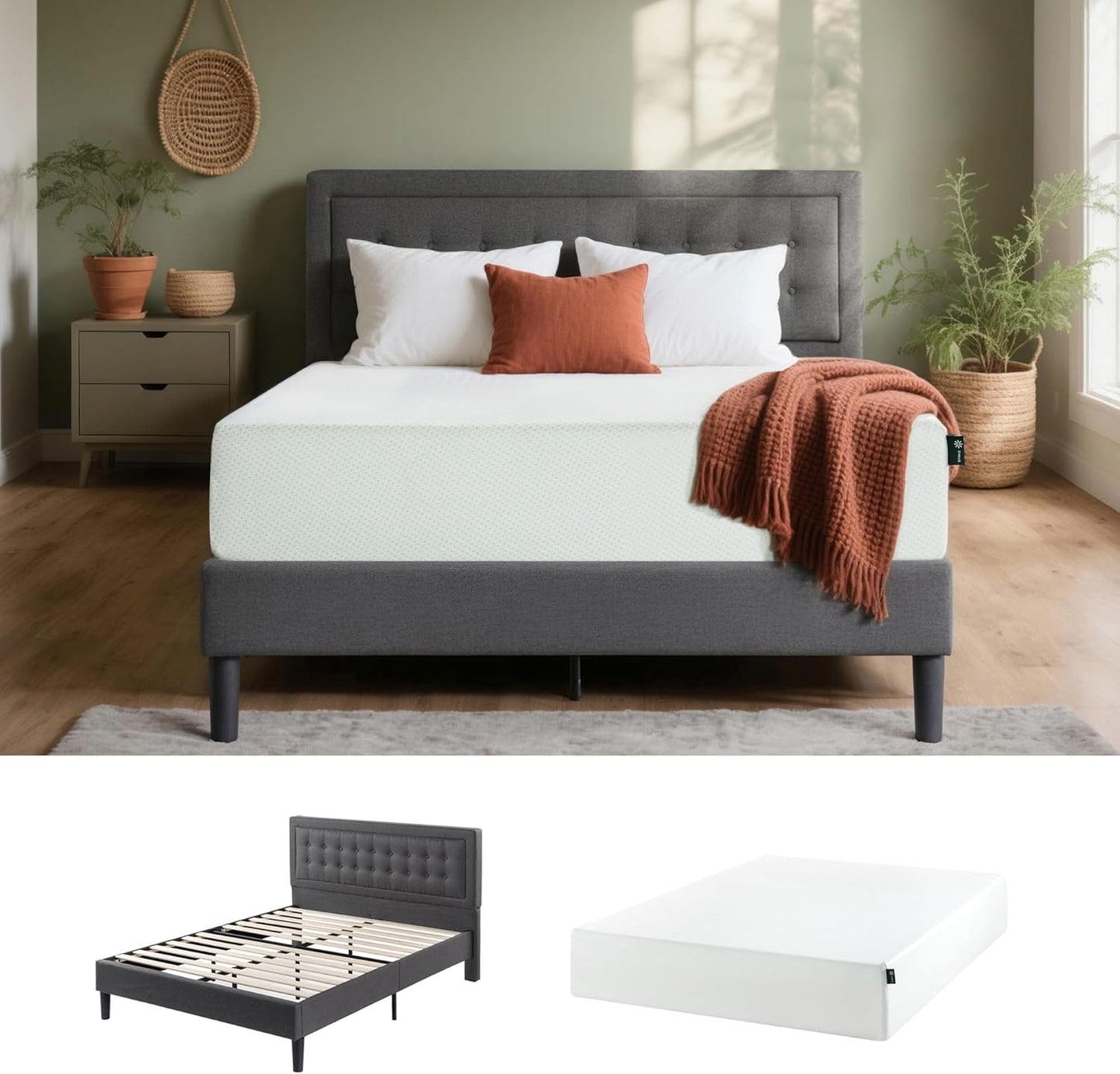 Zinus 12-Inch Green Tea Memory Foam Mattress - Medium Firm Queen + Dachelle Upholstered Bed Frame | Easy Assembly, Dark Grey