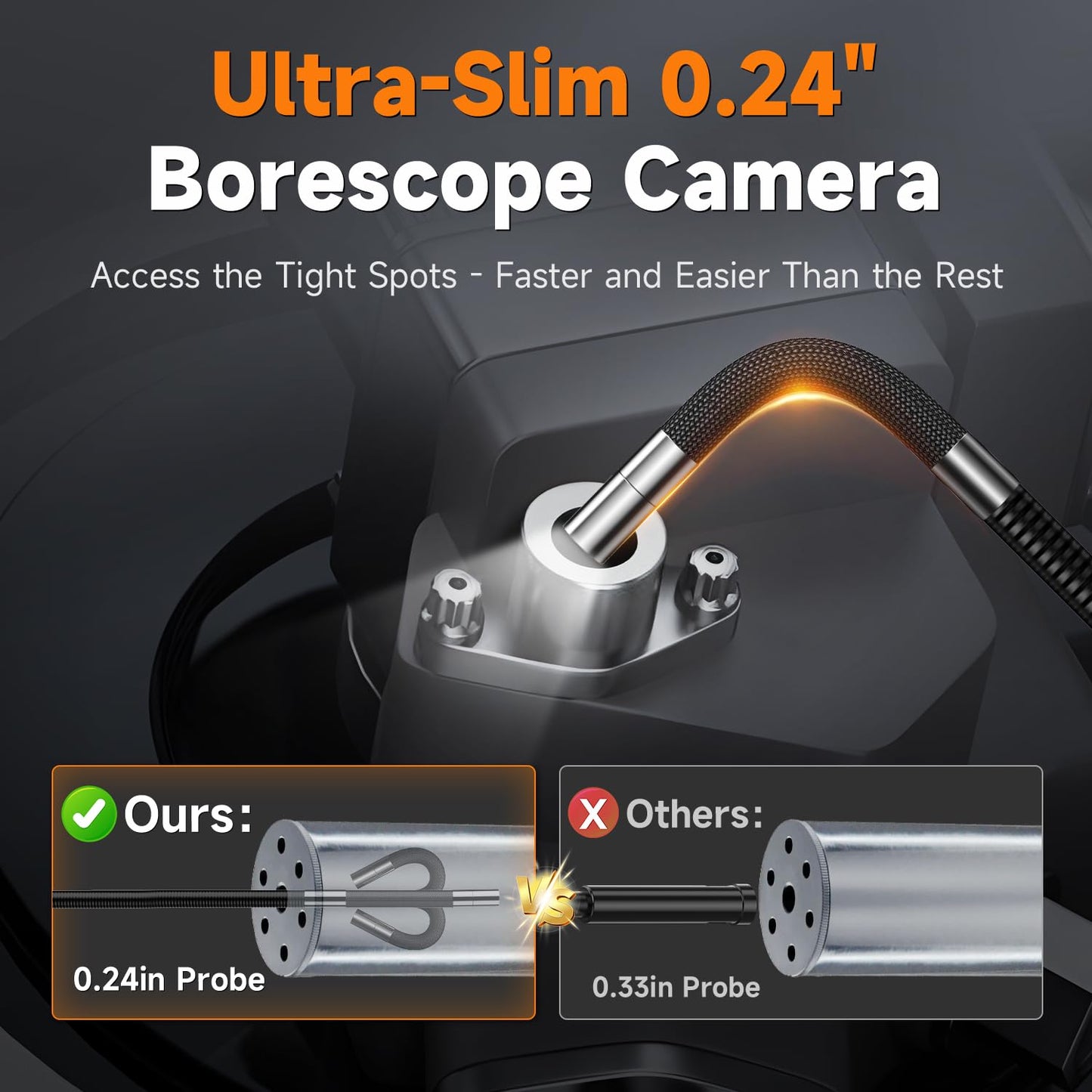 FOXWELL Elite 220° Two-Way Articulating Borescope, 0.24in Ultra-Slim Endoscope Camera with Light, 1920P HD, IP67 Waterproof, 5.3FT Flexible Snake Scope for Automotive Engine Pipe Home Inspection