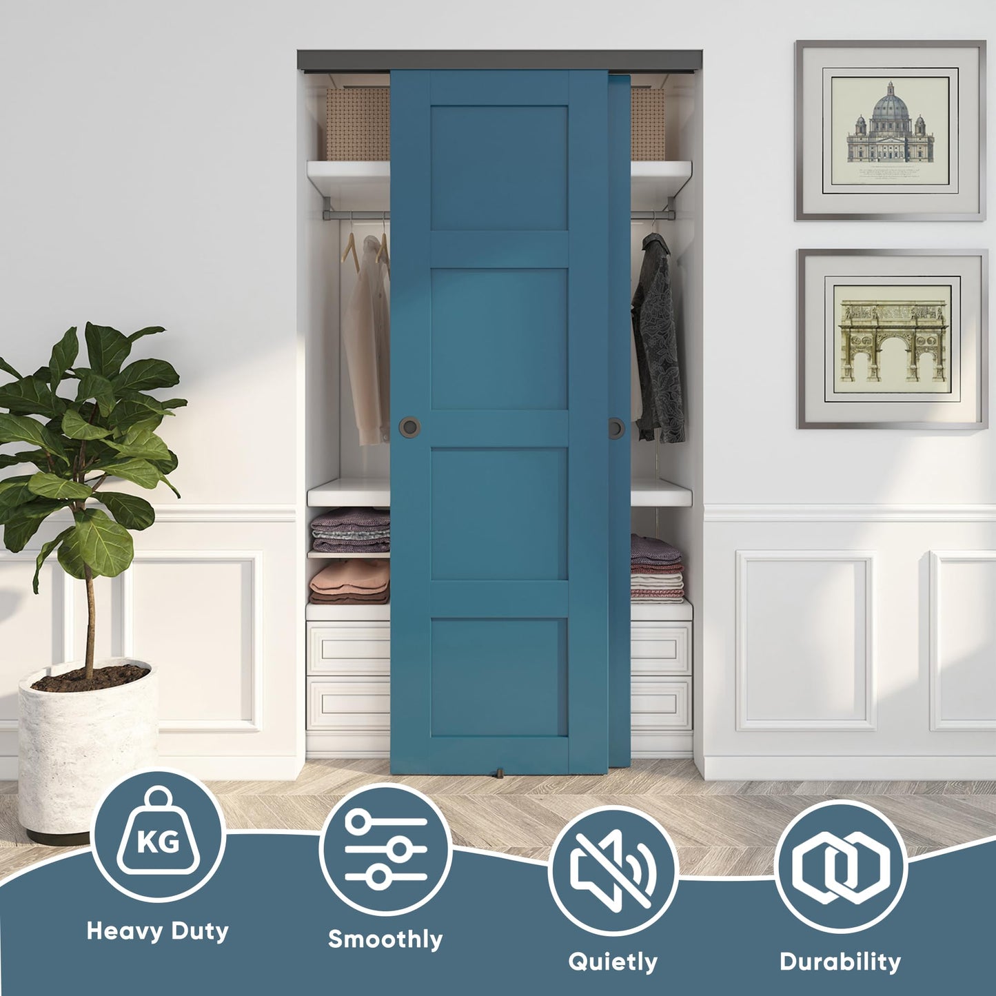 JUBEST 4FT Heavy Duty Bypass Door Hardware with Finger Pulls,Sturdy Aluminum Sliding Closet Door Track for 2 door System,Quietly and Smoothly,Fit Door Thickness 1 3/8" or 1 3/4",Easy to Install, Black