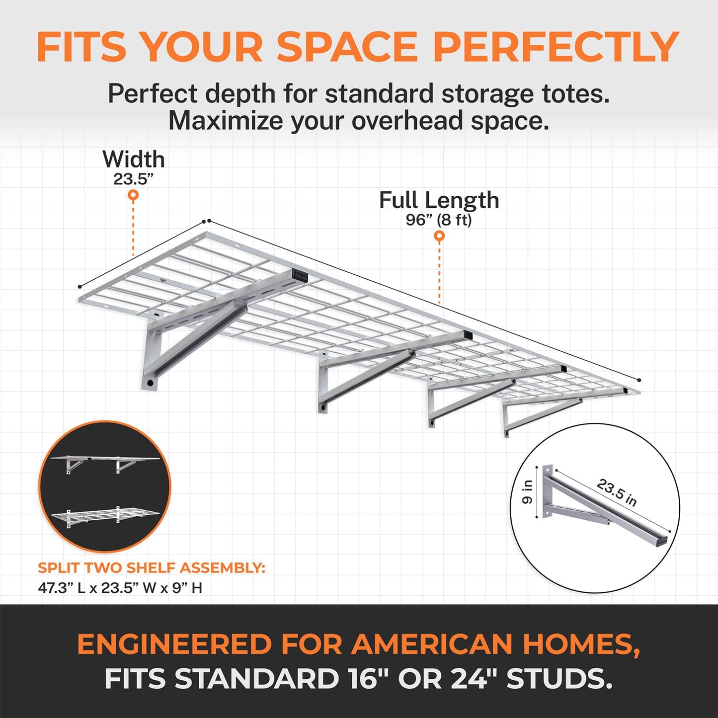 EZYRACK Heavy Duty Metal Wall Shelf, Modular Garage Storage Rack, 450 Lbs Capacity, Fits 16" or 24" Studs, Wall Mounted Floating Shelving Kit for Drywall, Wood & Concrete (Includes Hardware)