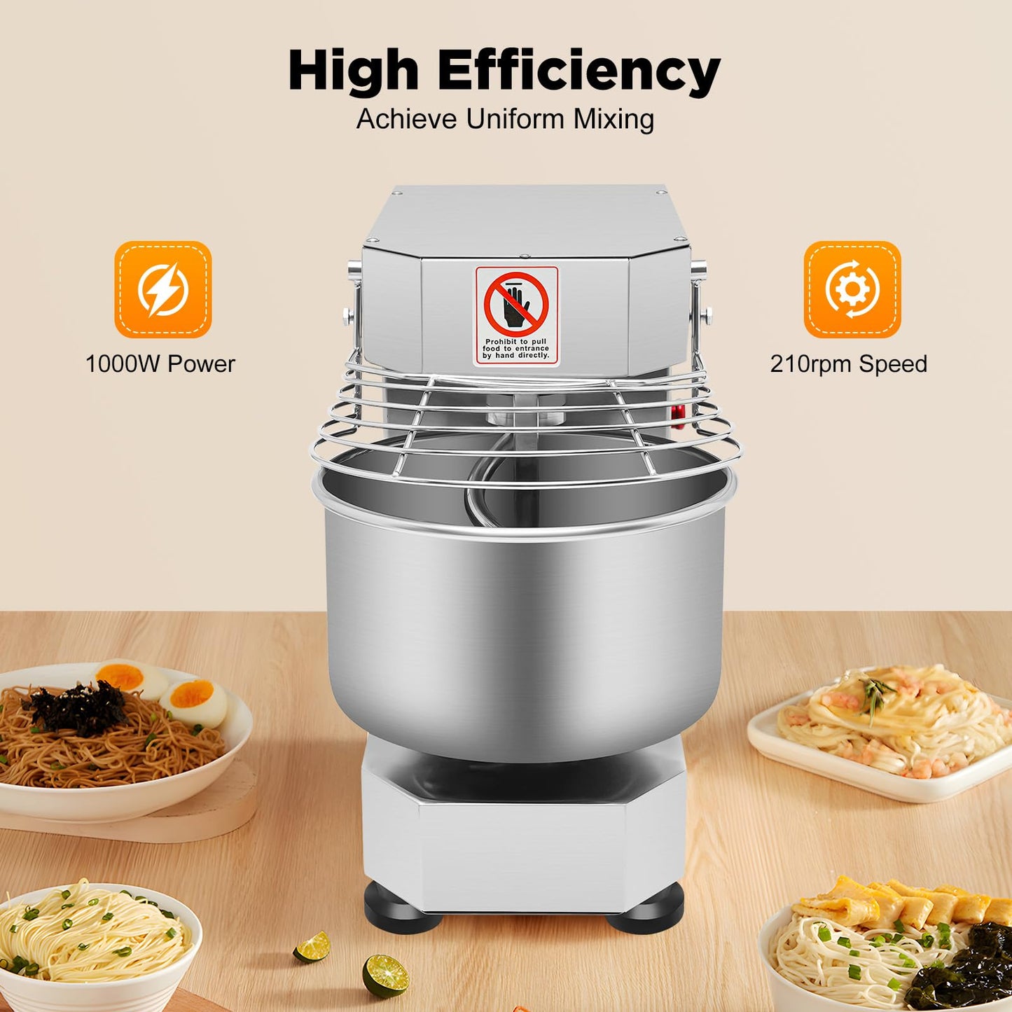 750W Commercial Food Mixer, 2.6Gal(10L) Dough Kneading Machine, 100/200 RPM Dual Speed, 360° Mixing, Copper Motor & Waterproof Switch, for Baking Dough, Whipping Cream, Mixing Salads (Silver)
