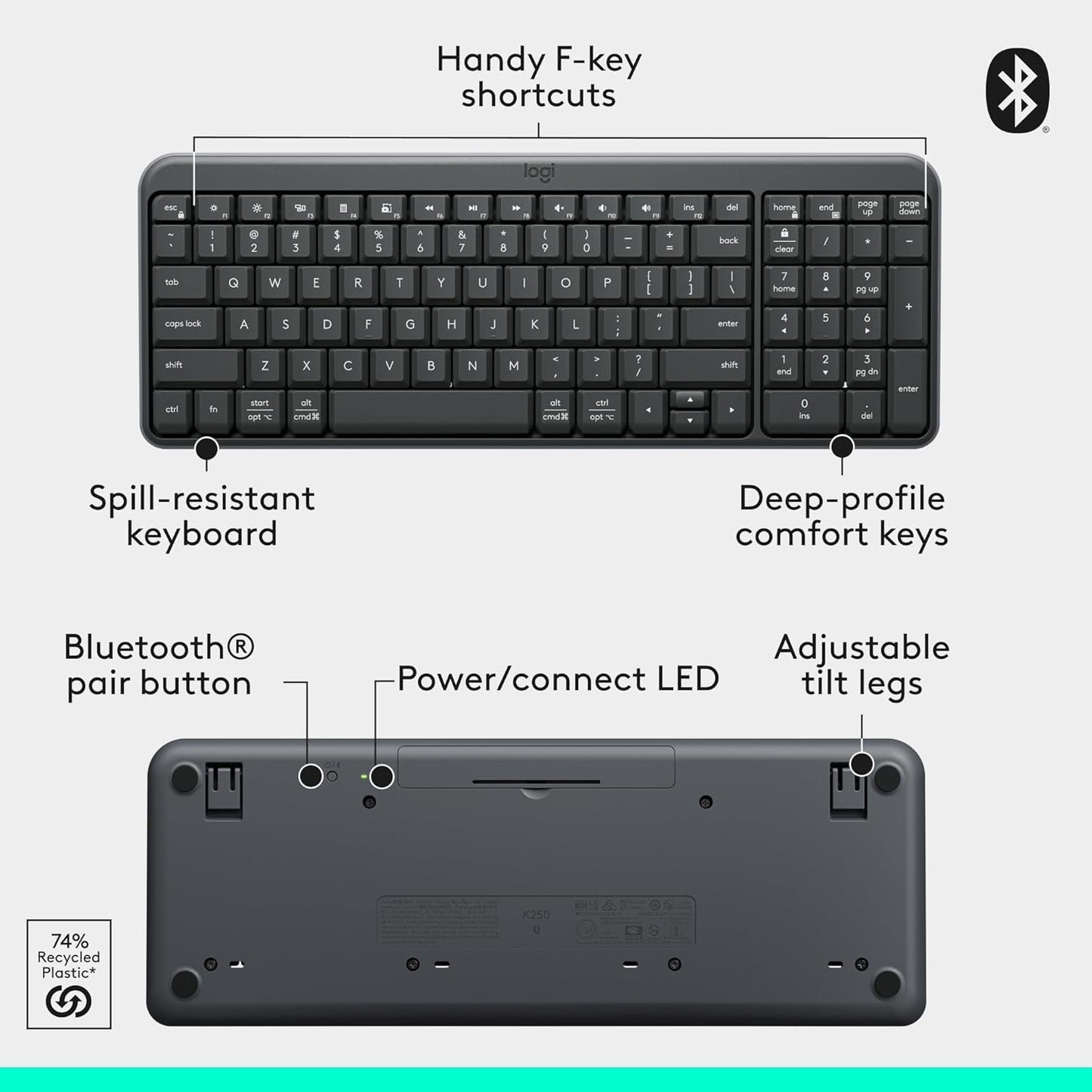 Logitech K250 Bluetooth Keyboard with Numpad, Easy Connectivity, Compact Wireless Keyboard Made with Recycled Plastic