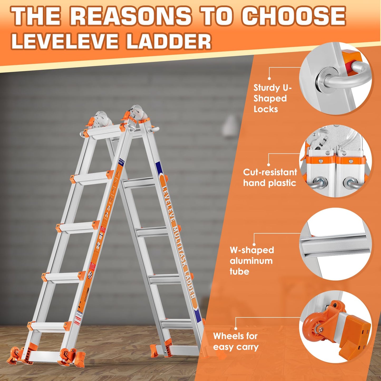 LEVELEVE Telescoping A Frame Ladder, 22FT Multi Position Ladder with Stabilizer Bar & Wheels,330 lbs Security Load for Stairs Home Indoor Outdoor Roof