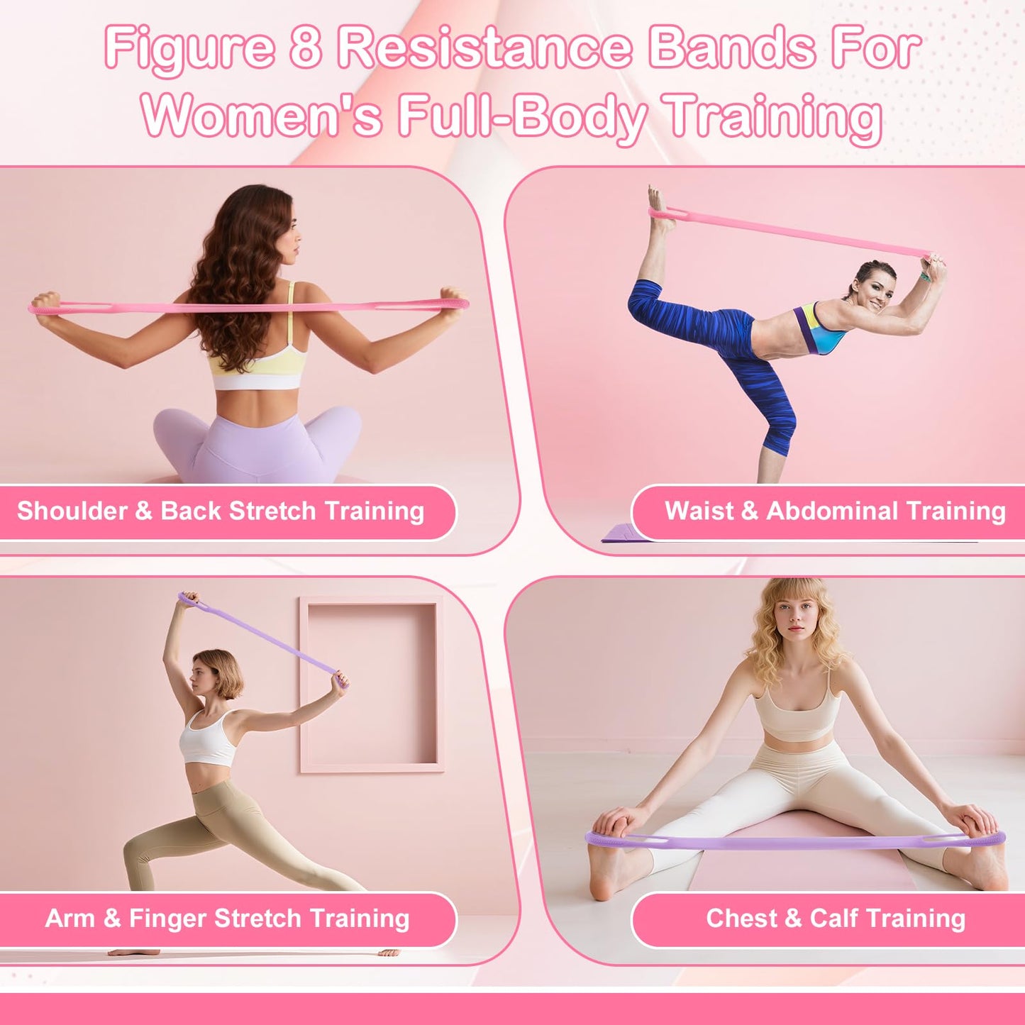Figure 8 Resistance Bands with Handles, 4-Pack TPE Workout Bands for Women – Arm Back Shoulder Toner, Elastic Exercise Ropes for Home Gym Yoga Pilates Physical Therapy