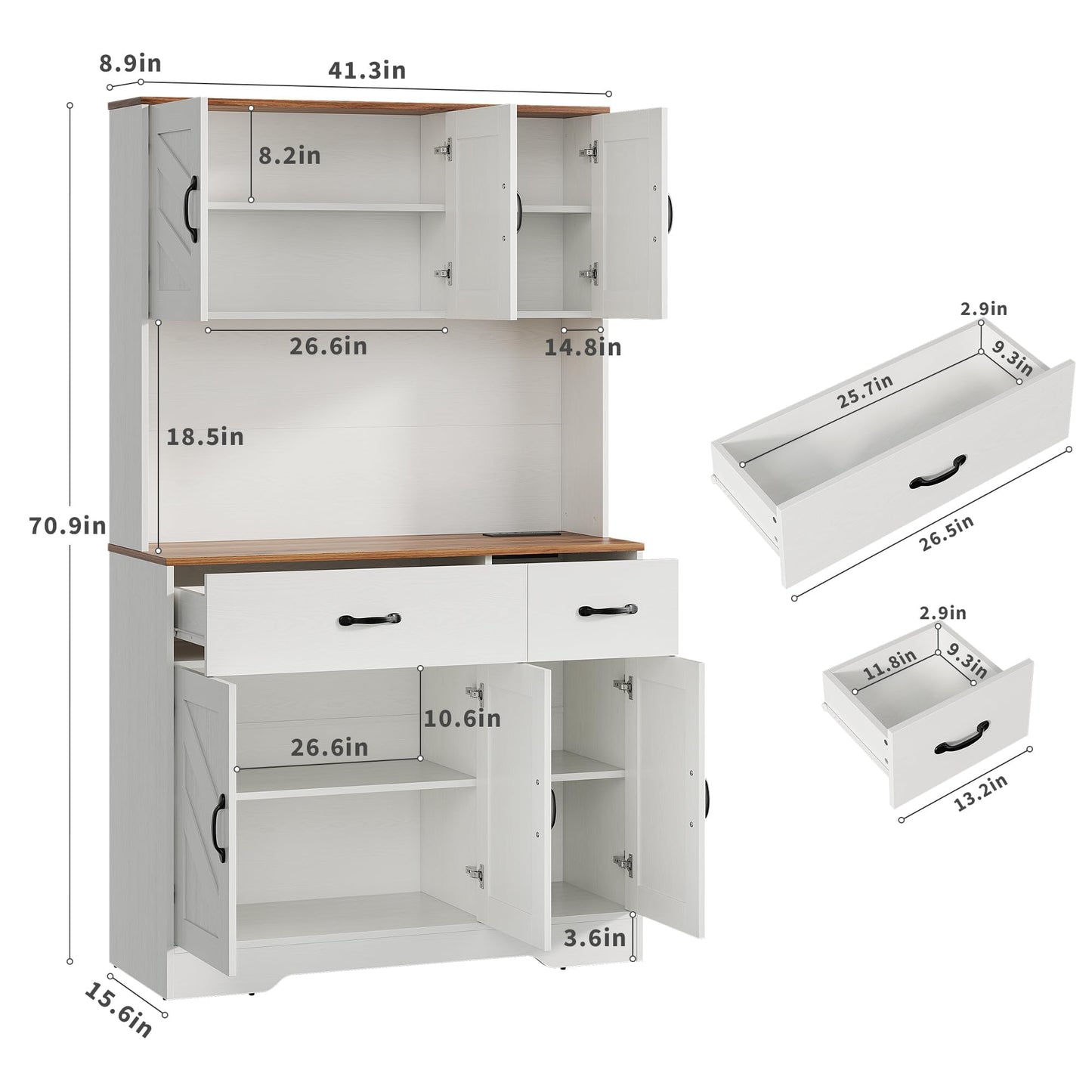 GarveeHome 71" Pantry Cabinet with Charging Station, Tall Kitchen Pantry Storage Cabinet with Microwave Stand, Farmhouse Kitchen Hutch with Countertop & 2 Drawers for Living Room, Dining Room, White