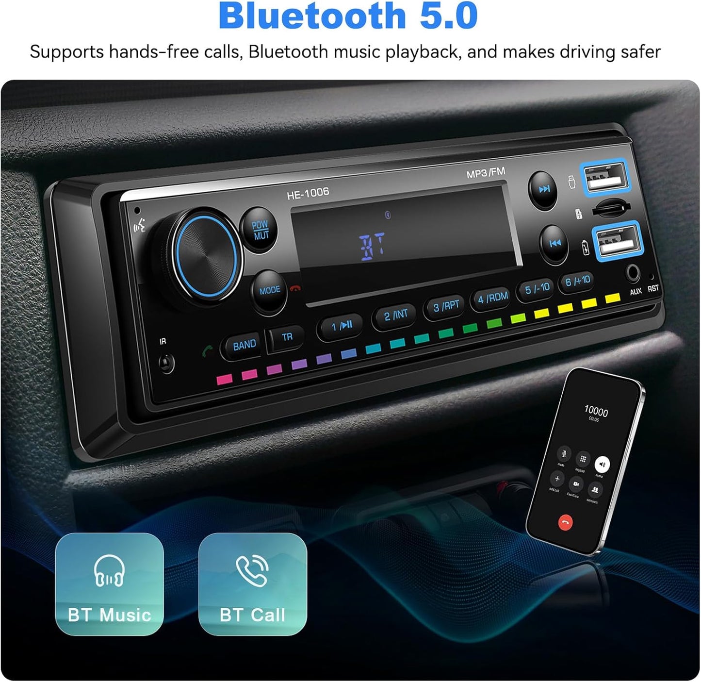SIXTOP 5.0 64G MP3 Single Din Car Stereo Bluetooth Audio Radio with Card FM Receiver Digital Music Radio Player Support