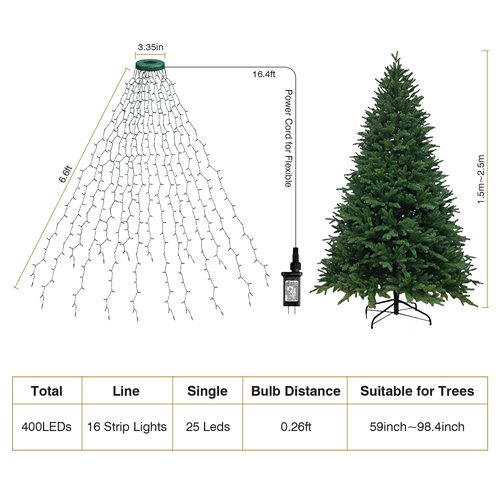 Christmas Tree Lights Indoor, 400 LED 16 Lines of 6.6FT with 8 Flashing Modes, Remote Control & Timer, Memory Function, Warm White Christmas String Lights, Twinkle Tree & Outdoor Waterproof