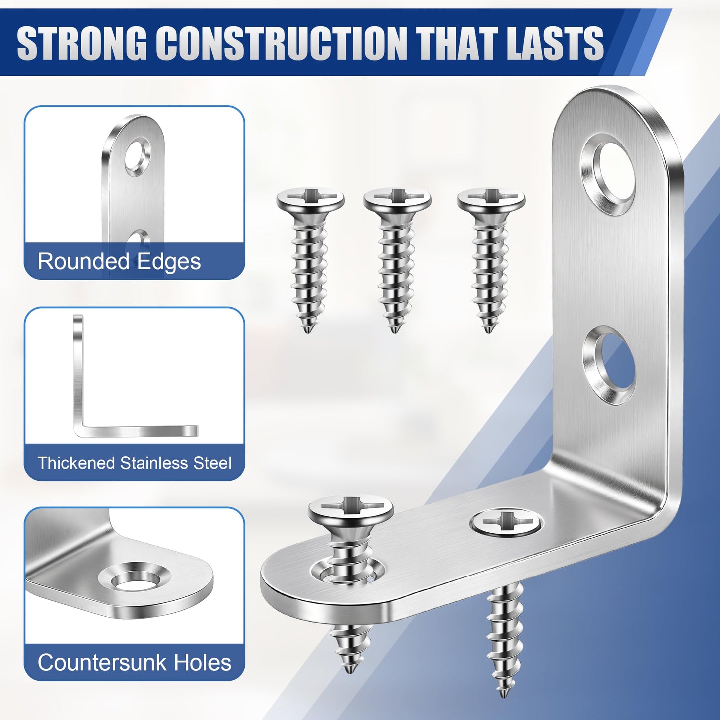 20 Pack L Bracket Corner Brace Kit, 2 Sizes Stainless Steel L Brackets for Wood Shelves, 90 Degree Right Angle Bracket with 60 Screws, Small Metal Corner Brackets for Furniture Cabinet Drawer Chair