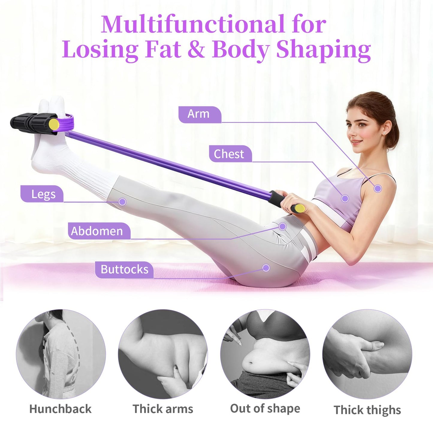 Pedal Resistance Bands with Handles, Upgrade 6-Tubes Manual Tension Training Pedal, Natural Rubber Foot Pedal Resistance Bands, Multifunction Fitness Bands for Abdomen, Waist, Arm, Leg (Purple)